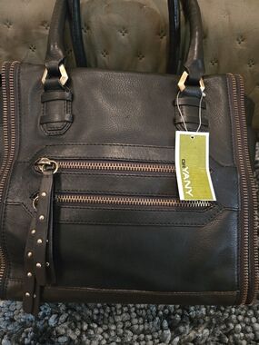 orYANY Black Leather Satchel with Brass-Tone Zipper & Brown Accents.  Excellent